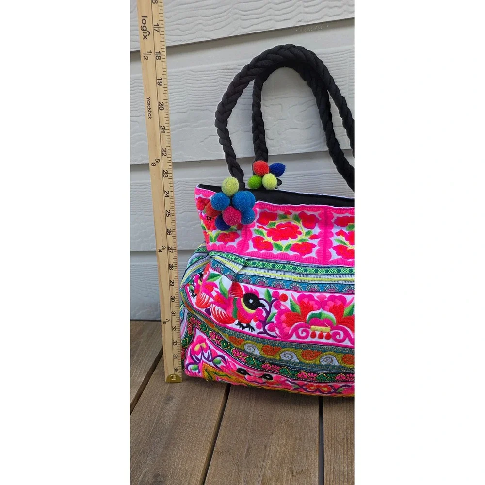 Hmong Embroidered Tote Bag Pink Floral Bird Pom Pom Bohemian Shoulder Bag Large